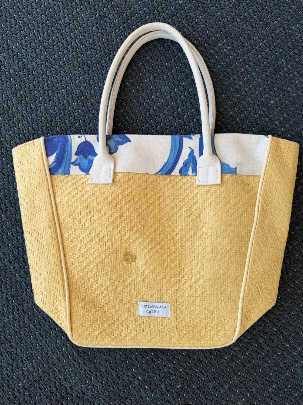 Dolce & Gabbana Yellow Straw Tote with Blue Floral Trim and White Handles